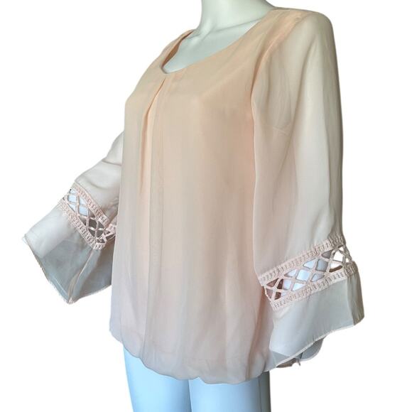 AB Studio Womens medium top sheer pale pink 3/4th bell sleeve chiffon blouse - Picture 2 of 10